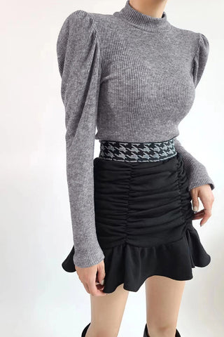 Classic Mock Neck Puff Sleeve Knitted Top