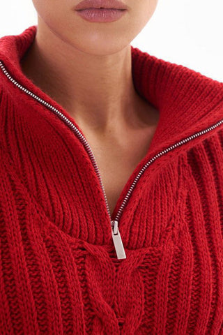 Zippered Turtleneck Cable Stripe Knit Sweater