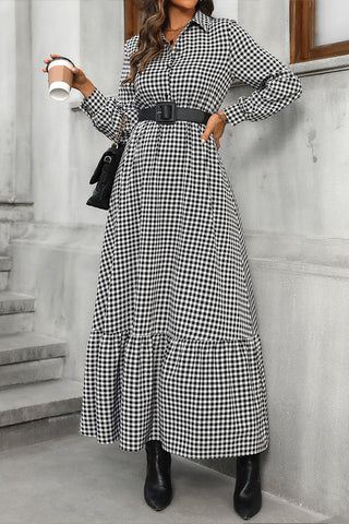 Shirt Collar Black White Plaid High Waist Dress