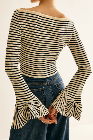 Off Shoulder Striped Ruffle-Sleeve Top