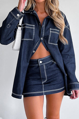 Retro Shirt Collar Denim Top & Skirt Set