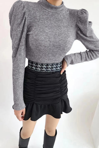 Classic Mock Neck Puff Sleeve Knitted Top