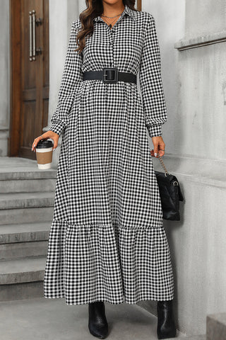 Shirt Collar Black White Plaid High Waist Dress