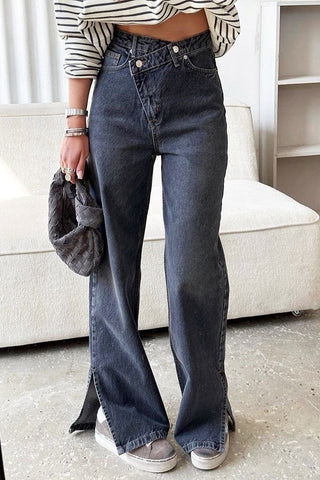 Stylish Cross Waist Split Hem Straight Jeans