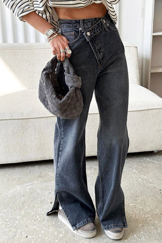 Stylish Cross Waist Split Hem Straight Jeans