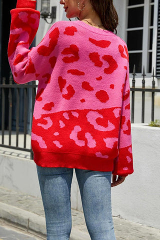 Stylish Leopard Print Drop Shoulder Sleeve Sweater