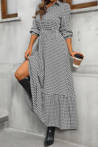 Shirt Collar Black White Plaid High Waist Dress