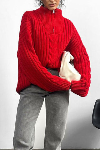 Zippered Turtleneck Cable Stripe Knit Sweater