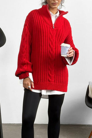 Zippered Turtleneck Cable Stripe Knit Sweater