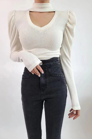 Classic Mock Neck Puff Sleeve Knitted Top