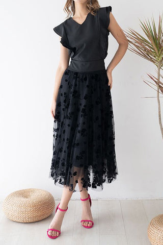 3D Posy Double-Layered Mesh Midi Skirt