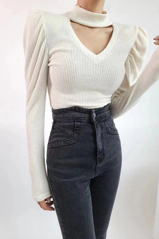 Classic Mock Neck Puff Sleeve Knitted Top