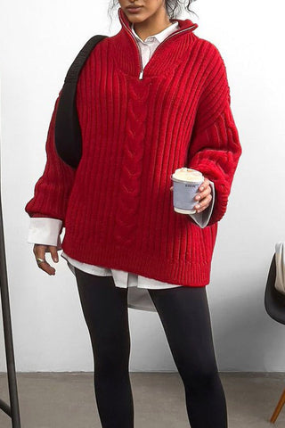 Zippered Turtleneck Cable Stripe Knit Sweater