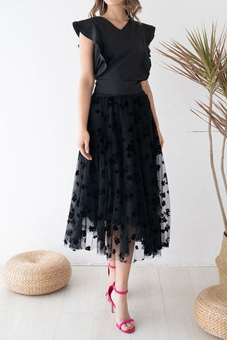 3D Posy Double-Layered Mesh Midi Skirt