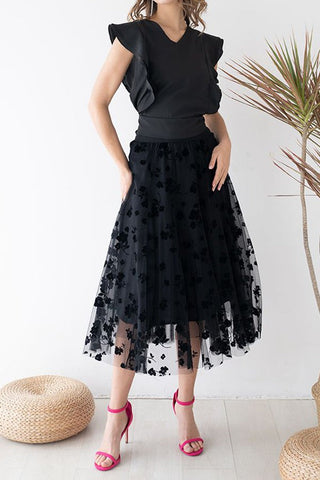 3D Posy Double-Layered Mesh Midi Skirt