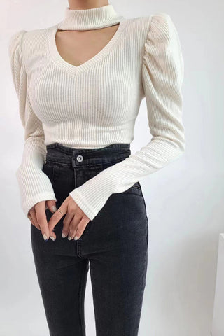 Classic Mock Neck Puff Sleeve Knitted Top