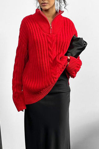 Zippered Turtleneck Cable Stripe Knit Sweater