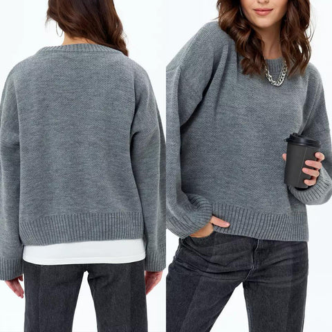 Warm Embrace Solid Color Round Neck Long Sleeve Short Knit Peplum Sweater