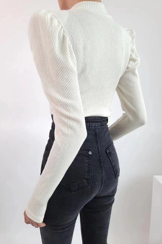 Classic Mock Neck Puff Sleeve Knitted Top