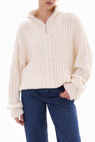 Zippered Turtleneck Cable Stripe Knit Sweater