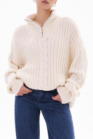 Zippered Turtleneck Cable Stripe Knit Sweater