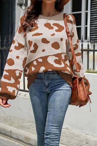 Stylish Leopard Print Drop Shoulder Sleeve Sweater