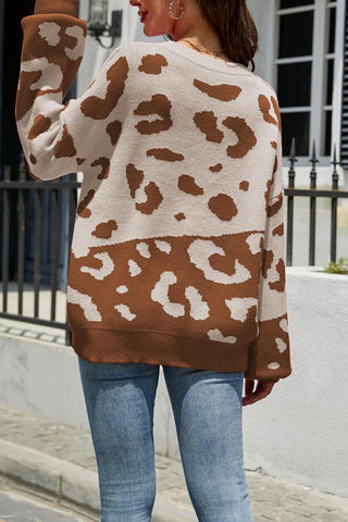 Stylish Leopard Print Drop Shoulder Sleeve Sweater