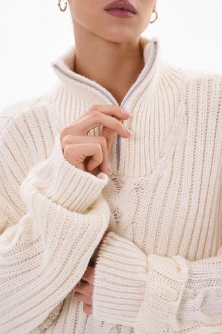 Zippered Turtleneck Cable Stripe Knit Sweater