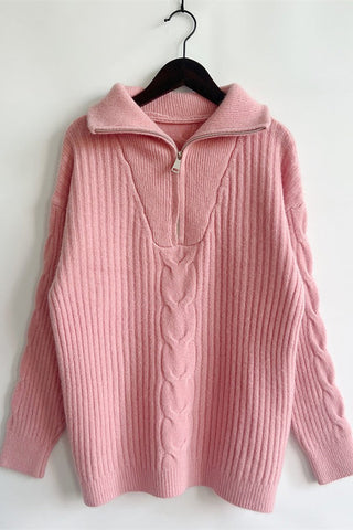 Zippered Turtleneck Cable Stripe Knit Sweater