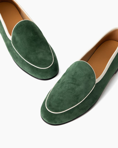 Avocado Green Suede Flat Penny Loafers