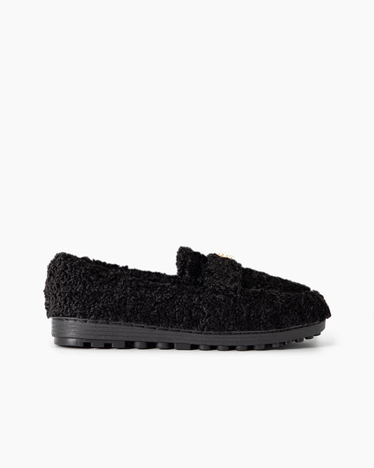 Pearl-Embellished Elegant Fuzzy Flat Loafers