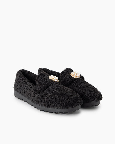 Pearl-Embellished Elegant Fuzzy Flat Loafers