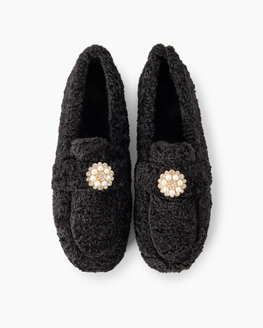 Pearl-Embellished Elegant Fuzzy Flat Loafers