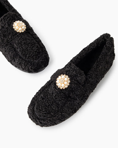 Pearl-Embellished Elegant Fuzzy Flat Loafers