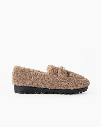 Pearl-Embellished Elegant Fuzzy Flat Loafers