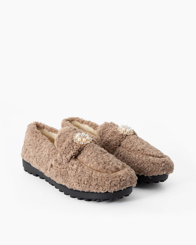 Pearl-Embellished Elegant Fuzzy Flat Loafers