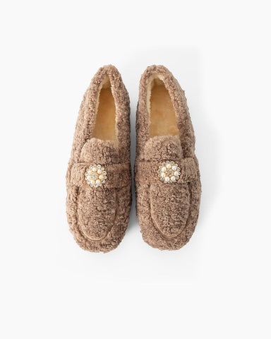 Pearl-Embellished Elegant Fuzzy Flat Loafers