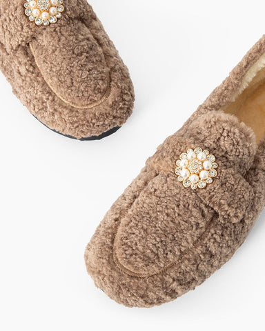 Pearl-Embellished Elegant Fuzzy Flat Loafers