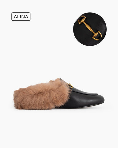 Alina Elegant Leather Backless Fur Slip-On Mules