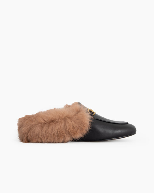 Alina Elegant Leather Backless Fur Slip-On Mules