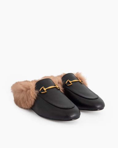 Alina Elegant Leather Backless Fur Slip-On Mules