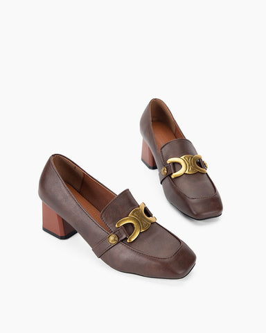 Stylish Chunky Square Toe Block Heeled Loafers