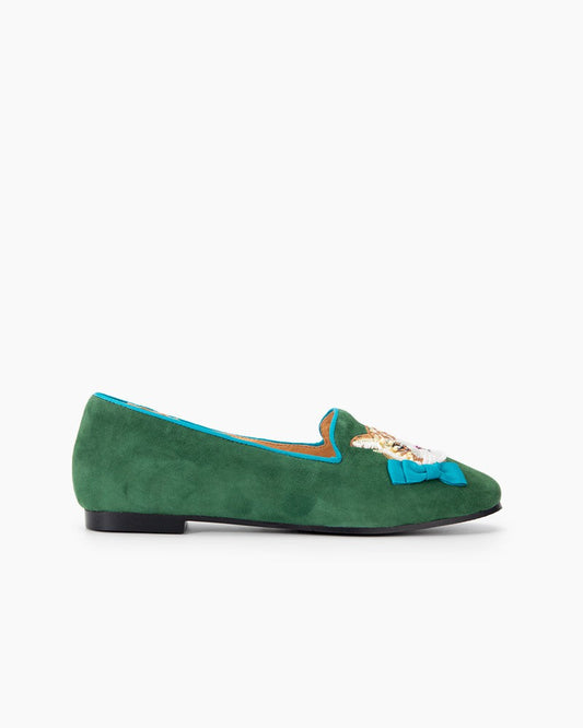 Handcrafted Cat Motif Embroidered Suede Slip-On Loafers