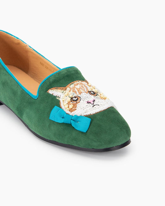 Handcrafted Cat Motif Embroidered Suede Slip-On Loafers