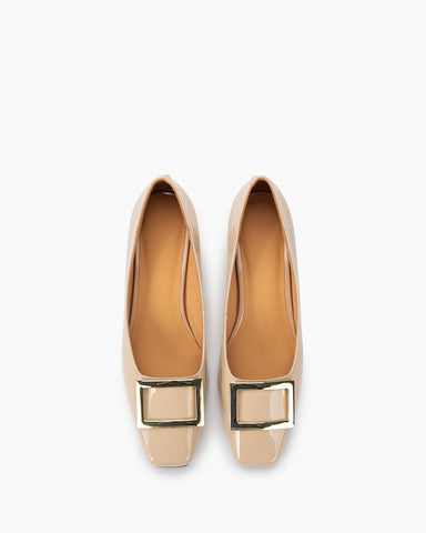 Leather Square Buckle Thick Heeled Loafers