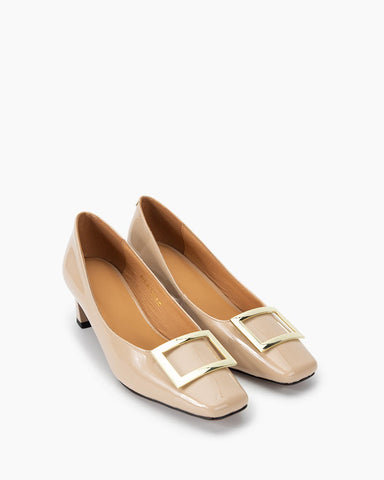 Leather Square Buckle Thick Heeled Loafers