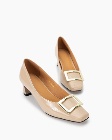 Leather Square Buckle Thick Heeled Loafers