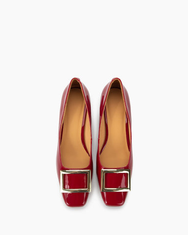 Leather Square Buckle Thick Heeled Loafers