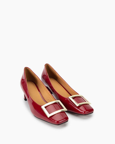 Leather Square Buckle Thick Heeled Loafers