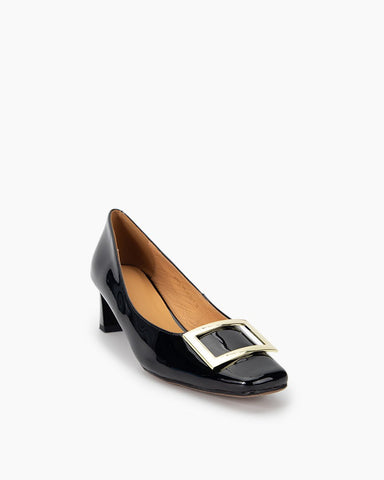 Leather Square Buckle Thick Heeled Loafers